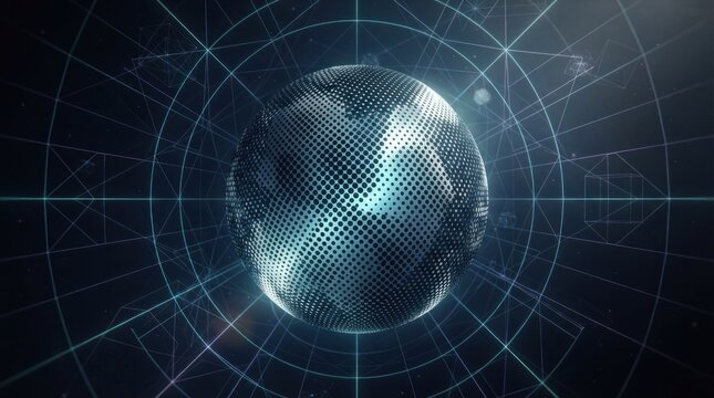 A blue and white disco ball with a grid pattern in the background, emitting a blue light.