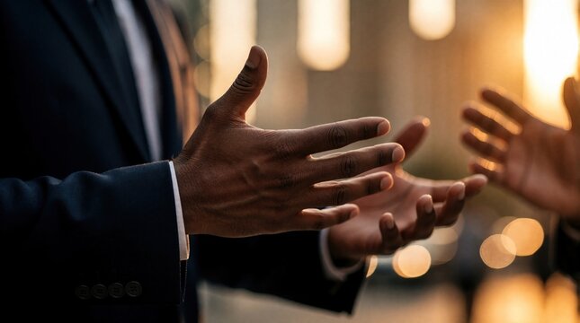 Businessman uses hand gestures talking to client during sales meeting. Pro male explains details, handles objections with empathy. Close up of hands, suit jacket in golden hour light at urban office
