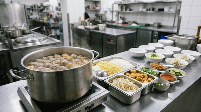 Indonesian bakso soup prepared for catering and food service with noodles, tofu and vegetables, suitable for institutional dining, hospitality websites, menu planning, and commercial advertising.