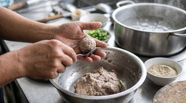 Handmade bakso preparation with beef and tapioca for cooking tutorials, recipe publishing, culinary education, restaurant training, food blogs, and Indonesian cuisine content.