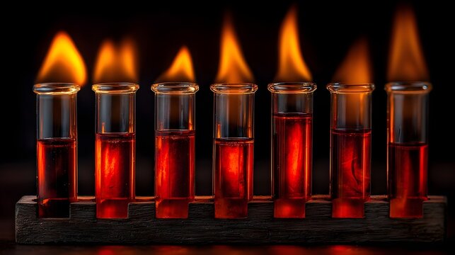Row of glass test tubes with red liquid and tall yellow flames