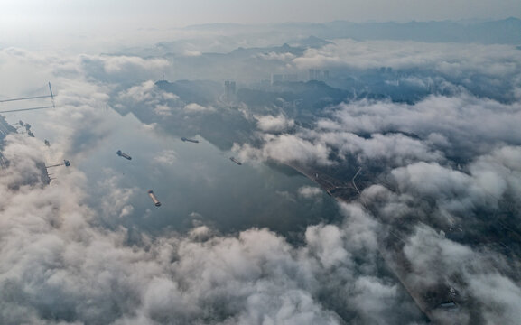 Cargo Ships Passing Through Yangtze River, Yichang China Aerial View