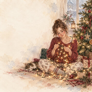 Young woman untangling Christmas fairy lights beside a decorated tree
