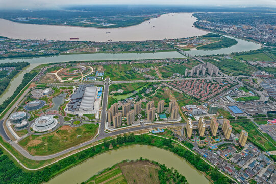 Aerial Cityscape of Yidu with Intertwined Waterways and Modern Urban Development