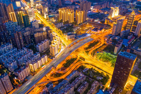 Aerial Night City Interchange - Urban Prosperity and Infrastructure Photography