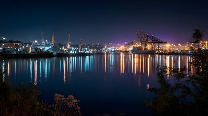 Fototapeta premium Nighttime dockside scene with cranes and shimmering harbor reflections