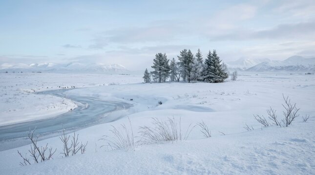 A serene winter landscape with a winding river, snow-covered trees, and distant mountains in the background.