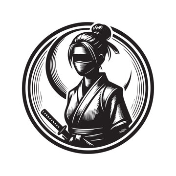 Black and white illustration of a female ninja warrior in a circular emblem frame.