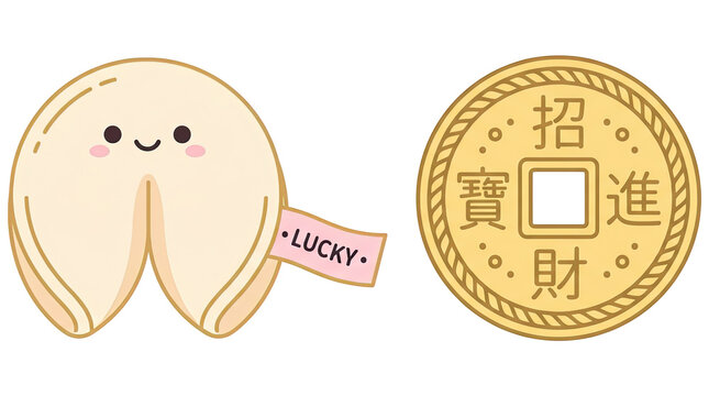 Cute fortune cookie with lucky charm and traditional golden coin