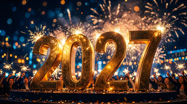 Golden 2027 numbers glowing with bright fireworks display for a happy new year celebration