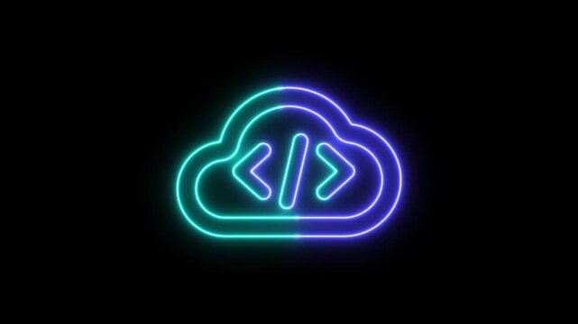 Neon glowing cloud icon with coding symbols for software development and cloud computing