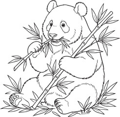 Fototapeta premium Black and white line of a giant panda eating bamboo