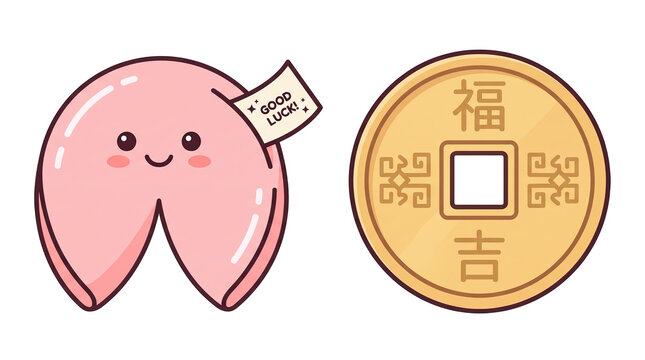 Cute Cartoon Fortune Cookie and Lucky Chinese Coin Flat Vector