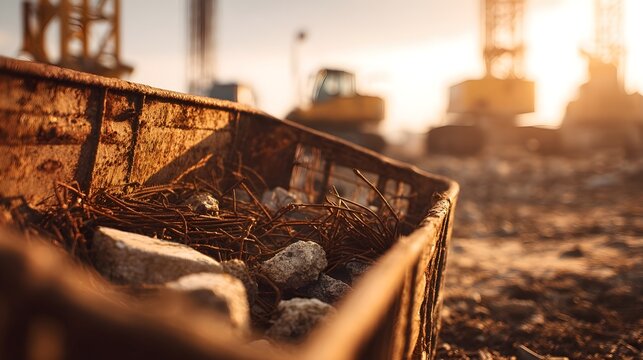 rusted metal container with rebar and rubble at construction site