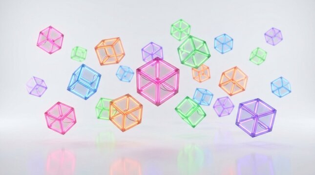 A colorful array of geometric shapes, including cubes and tetrahedrons, floating in a white space with a subtle gradient background.