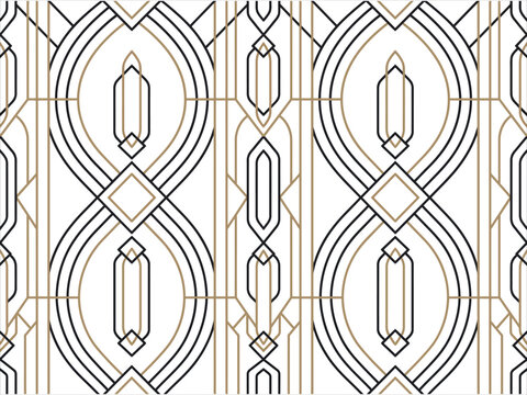 Art deco seamless pattern with gold and black geometric lines, vintage 1920s luxury background vector, elegant Gatsby style wallpaper for textile design