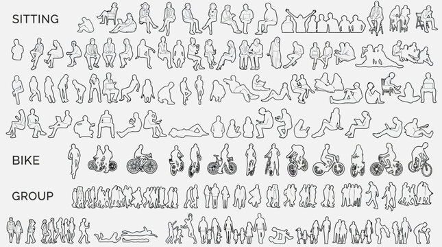 architectural scale figures collection with people elevation silhouettes sitting and cycling for building section design