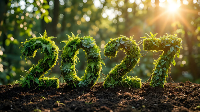 The year 2027 formed with fresh green leaves in a beautiful sunny forest setting