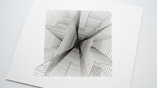A black and white line drawing of a geometric shape with a central point of interest, surrounded by a grid of lines and intersecting shapes, set against a white background with a subtle shadow effect.