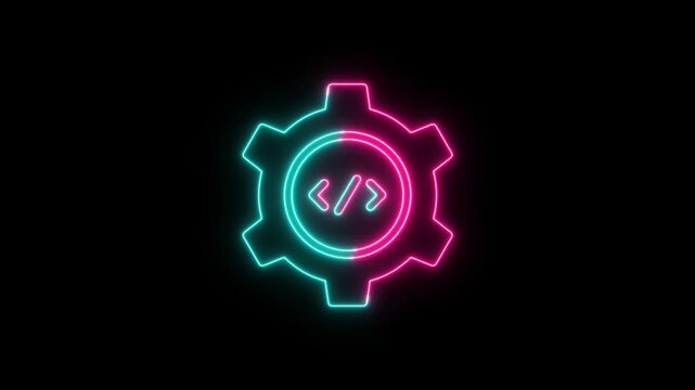 Glowing neon gear icon with coding brackets symbol for software development and technology engineering concepts