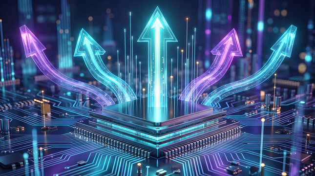 AI Computing Scalability and Processing Performance Concept with Microchip, Multiple Growth Arrows and Digital Infrastructure