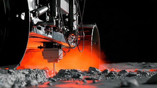 Cinematic close-up of a rugged lunar rover conducting thermal analysis on the Moon. Intense orange glow spotlights advanced suspension and detailed metal surfaces in high-contrast lighting.