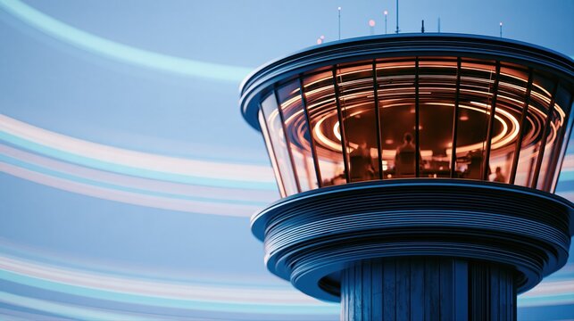 A photorealistic close-up of an illuminated airport control tower crown at blue hour. Warm silhouettes of controllers and glowing cyan and amber light trails evoke advanced aviation technology.
