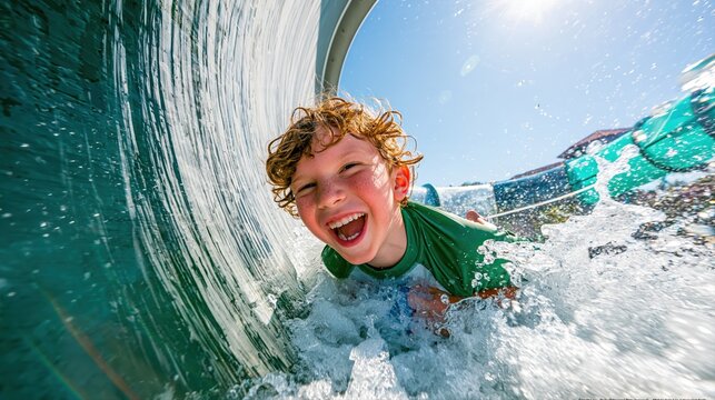 A laughing boy with curly hair in a green swim shirt speeds through a sunlit waterslide tunnel. Bursts of aqua light and crisp water droplets capture his energetic joy.