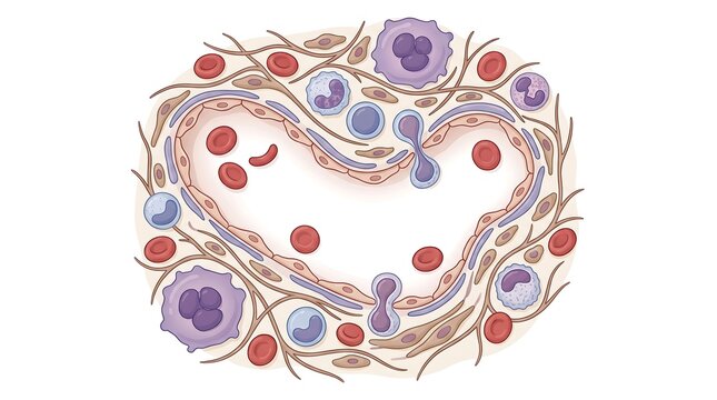 Microscopic histology illustration of bone marrow sinusoid vascular structures and blood cells cross section
