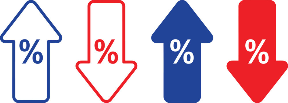 Set of four red and blue arrows with percentage signs indicating price increase and decrease trends
