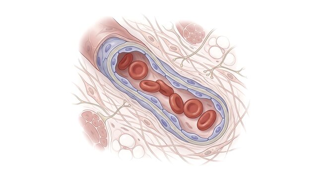 Microscopic histology illustration of capillary wall cross section with flowing red blood cells