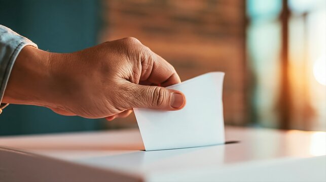 A close-up captures a Latino man's hand submitting a paper ballot into a secure box. Warm autumn light and sharp focus highlight civic participation in a local election.