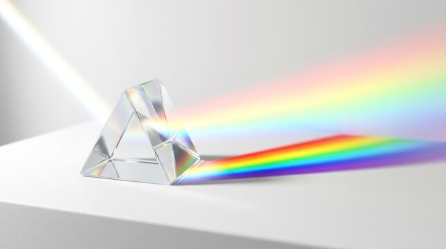 A transparent crystal prism with a rainbow spectrum of colors emanating from it, placed on a white surface with a soft shadow cast by the prism.