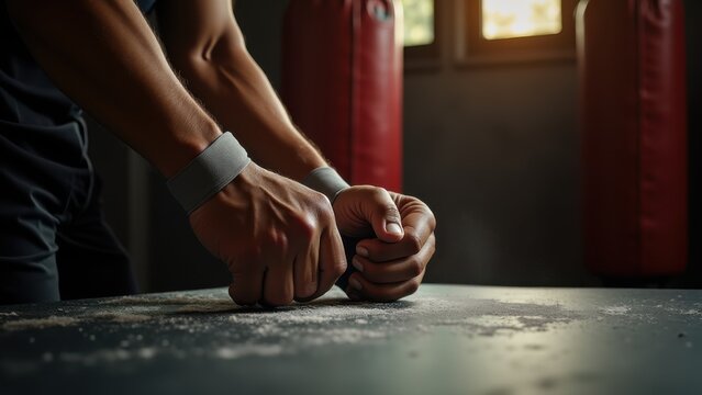Hands wrapping boxing tape around wrists on a wide gym bench, chalk dust drifting in a beam of light, worn leather bags blurred behind, warm directional light with deep contrast