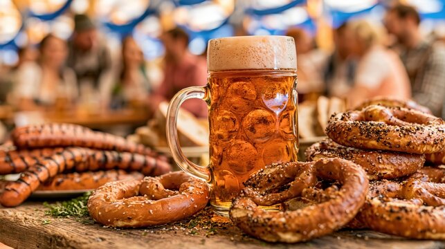 A foamy beer stein sits on a rustic table surrounded by pretzels and sausages at a Bavarian festival. Warm sunlight and lively guests create a classic Oktoberfest atmosphere.