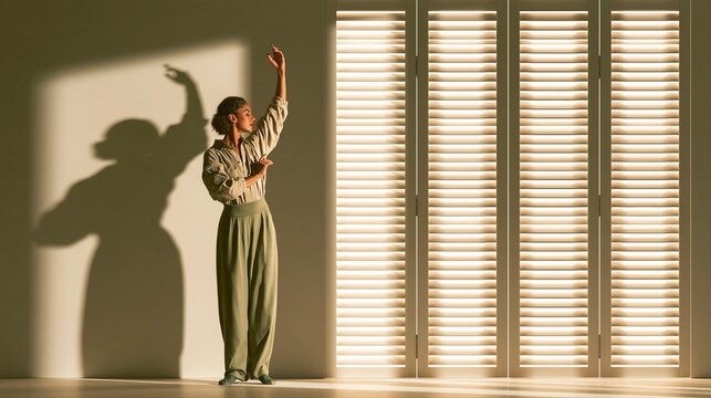 A contemporary female dancer stands by a sunlit wall, captured mid-movement. Her body and abstract shadow create a striking visual balance in warm, minimalist surroundings.