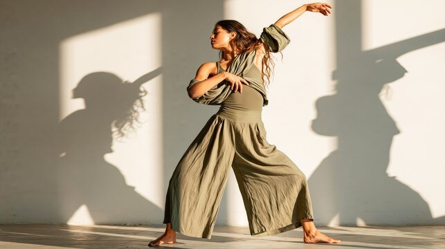 A contemporary female dancer in olive attire flows between movements, casting an expressive shadow on a sunlit wall. Warm architectural light defines her elegant form and minimalist space.