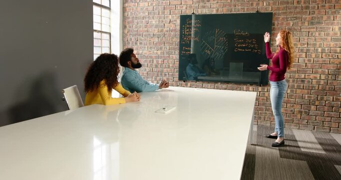 Lifestyle videos indoor of people doing activities at office, Presenting data on chalkboard, woman l