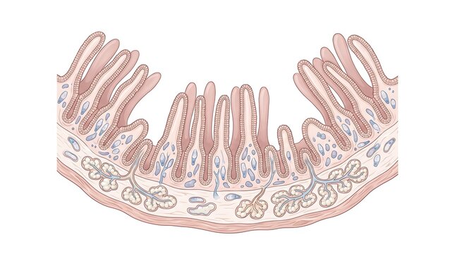 Microscopic histology cross section illustration of duodenal brunner glands and intestinal wall layers
