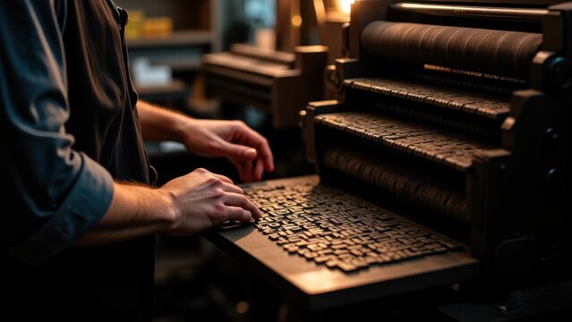 Letterpress printer setting metal type by hand, ink glistening on the press bed, cluttered print shop wide framing, warm tungsten light with deep shadow