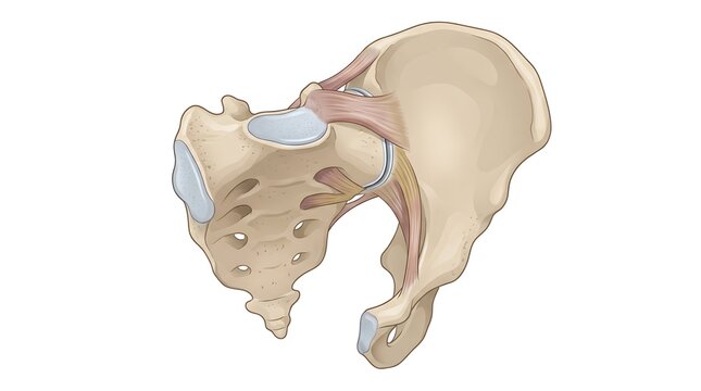 Detailed anatomical illustration of sacroiliac joint structure and pelvic girdle bones