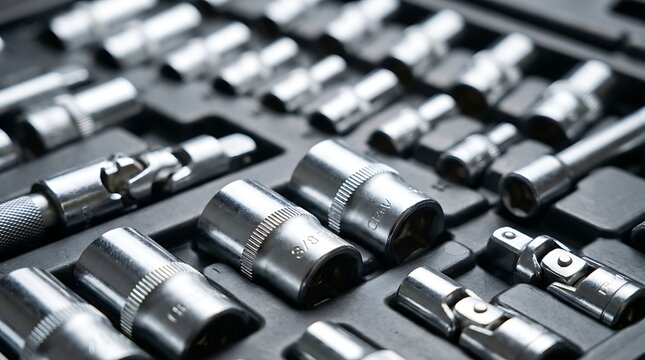 Professional mechanic tool set featuring shiny chrome steel socket adapters and extensions laid out on a dark workbench