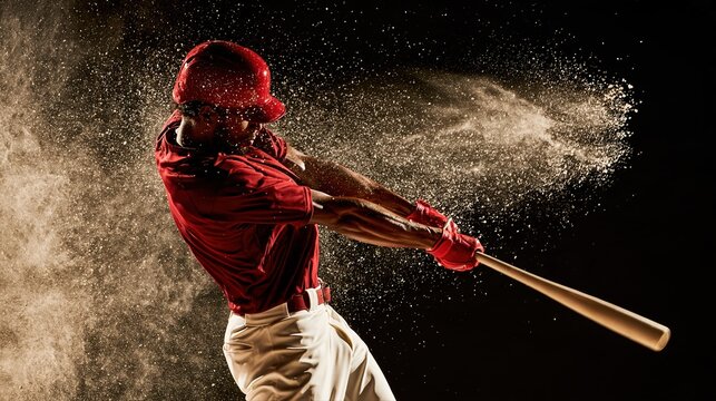 A powerful baseball player swings with explosive energy, sending chalk dust flying. Dramatic side lighting highlights muscles and movement in this striking sports portrait.