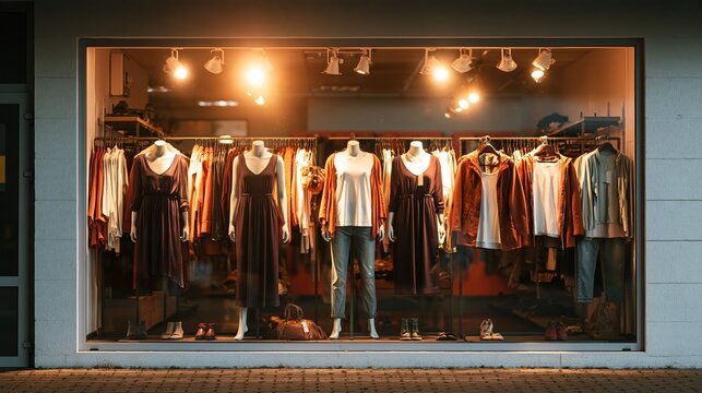 A luxury boutique storefront displays autumn fashion with deep plum dresses and rust outerwear. Mannequins and racks are arranged under warm spotlighting for a premium mood.