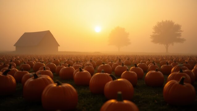 Wide field of pumpkins scattered across a misty autumn morning, distant barn silhouette, soft golden light breaking through fog
