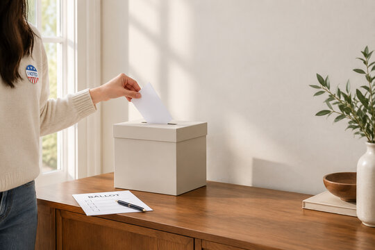 Ballot box and paper ballot on entryway console, home voting and civic duty concept