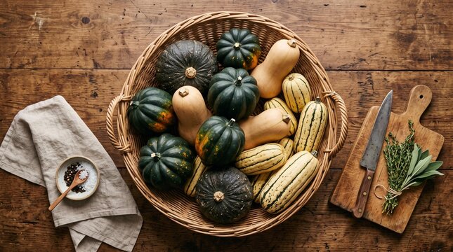 Assorted winter squash varieties including acorn, butternut, and spaghetti squash in a woven basket on a rustic wooden table with kitchen utensils nearby