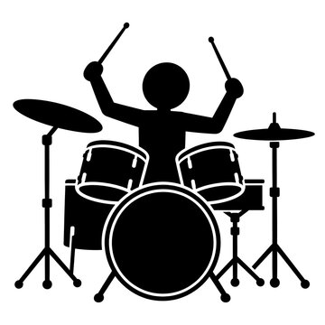 Silhouette illustration of a drummer playing a full drum kit with playing drums rock music musical instrument black silhouette vector illustration drum sticks bass drum black white percussion