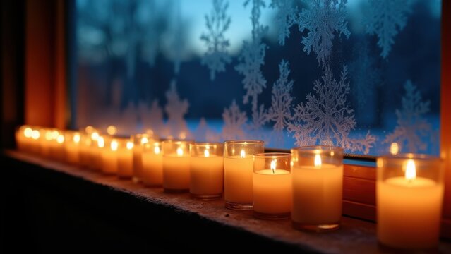 Rows of candles glowing along a wide windowsill for winter solstice, frost patterns forming on the glass, cool blue dusk light with warm candle glow