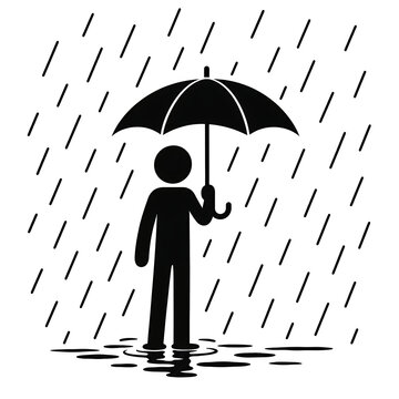 Black and white icon of a person standing in the rain with an umbrella rainy day vector icon bad weather umbrella protection security precaution silhouette insurance coverage standing